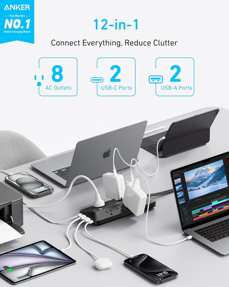 Anker Flat Plug Power Strip, 12-in-1 USB-C Power Strip with 8 AC Outlets, 2 USB-C, 2 USB-A Ports, 5feet Extension Cord, Slim Desk Charging Station, 900J Surge Protection, 35W Max for Home, Office - Image 2